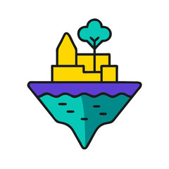 Obraz premium Floating island with buildings and a tree in a vibrant illustration