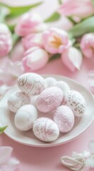 Elegant Easter composition with artisanal decorated eggs and fresh spring flowers on a trendy background. Perfect for social media marketing and business.