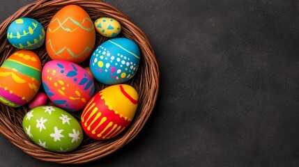 Fototapeta premium Colorful Painted Eggs Arranged In A Basket Ready For Easter Celebrations On Dark Background.