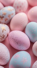 Elegant Easter composition with artisanal decorated eggs and fresh spring flowers on a trendy background. Perfect for social media marketing and business.