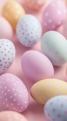 Fototapeta premium Elegant Easter composition with artisanal decorated eggs and fresh spring flowers on a trendy background. Perfect for social media marketing and business.