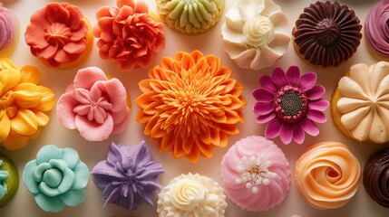 A decorative selection of colorful, flower-shaped pastries artfully arranged in a symmetrical circular layout.