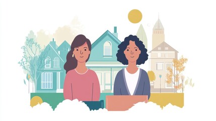 Diverse women collaborating with home illustrations