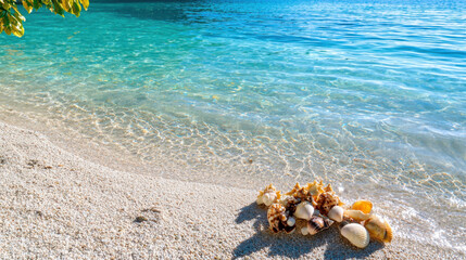 Obraz premium Idyllic beach scene with seashells on sandy shore and clear water