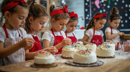 Group of children cooking cakes together on wooden table with Christmas background