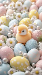 Obraz premium Charming chick surrounded by pastel Easter eggs and delicate daisies in a whimsical spring display. Generative AI