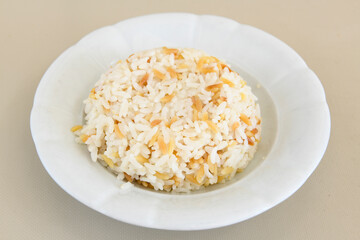 Traditional delicious Turkish food; Turkish style rice pilaf (Turkish name; Arpa sehriyeli. tavuk, kuru fasulyeli, pirinc pilavi). Cigerli, kavurmali, tereyagli nohut pilav.
