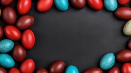 Colorful Speckled Easter Eggs Arranged in a Frame on Dark Background Still Life Composition.