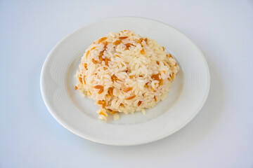Traditional delicious Turkish food; Turkish style rice pilaf (Turkish name; Arpa sehriyeli. tavuk, kuru fasulyeli, pirinc pilavi). Cigerli, kavurmali, tereyagli nohut pilav.
