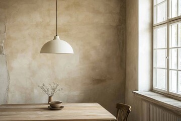 Minimalist Dining Area Featuring a Wooden Table, Simple Chairs, and Warm Pendant Lighting Against a Clean Beige Wall for Cozy Ambiance