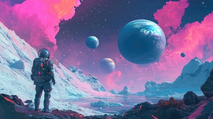 Obraz premium A futuristic space explorer looking at a breathtaking cosmic sky filled with colorful planets and stars.