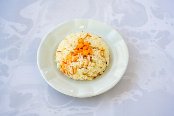 Traditional delicious Turkish food; Turkish style rice pilaf (Turkish name; Arpa sehriyeli. tavuk, kuru fasulyeli, pirinc pilavi). Cigerli, kavurmali, tereyagli nohut pilav.
