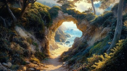 A hidden coastal trail bathed in soft golden light, winding through a rocky archway and surrounded by lush greenery.