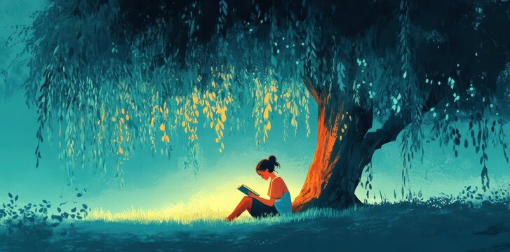 A woman sits reading under a willow tree in peace