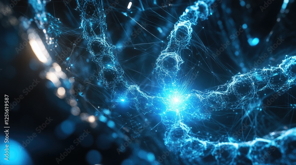 Poster a high-tech visualization of a network structure with dynamic connections and glowing blue elements.