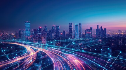 Fototapeta premium A high-tech city with radiant neon light waves flowing through the skyline, blending future and present.