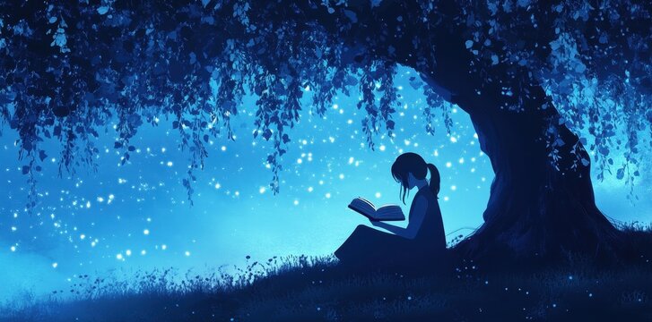 Girl Reading Underneath A Starlit Weeping Willow Tree