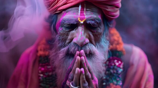 Indian holy man with traditional face paint praying in pink smoke during spiritual ceremony. Diwali, Holi festival, Maha Shivaratri celebration, Hindu ritual 