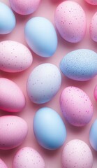 Obraz premium Bright pastel Easter eggs scattered on a soft pink background create a cheerful spring atmosphere. Generative AI