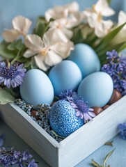 Obraz premium Celebrate spring with a pastel blue egg arrangement adorned with blooming flowers and delicate details. Stories Template for Easter.