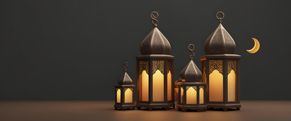 Obraz premium Eid al adha mubarak islamic decoration background with crescent, gold podium, arabic lantern mosque window 3D illustration vector.
