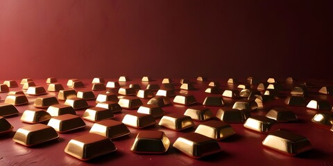 Obraz premium a full red background with golden ingots scattered across, shining softly with subtle shadows 3