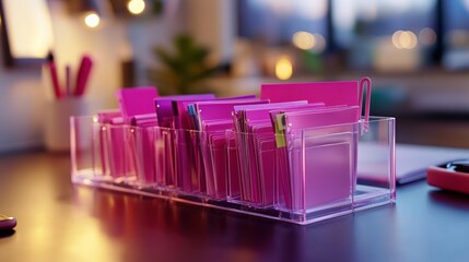 Pink notes organizer on desk, home office, night