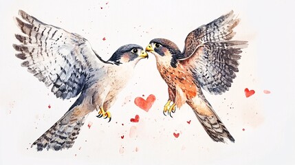 Watercolor Art of Two Falcons with Hearts for Valentine's Day