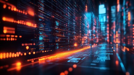 Fototapeta premium Digital Data Stream Corridor, Futuristic Cityscape Background