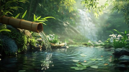 A meditative water scene with a bamboo spout gently pouring water into a tranquil pool, surrounded by natural elements.