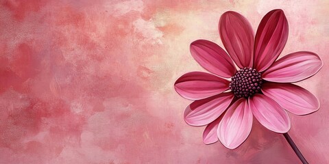 Fototapeta premium A single pink flower blossom against a textured rosy background