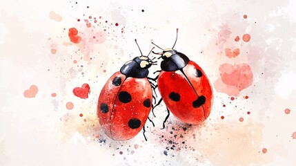 Fototapeta premium Romantic Watercolor Painting of Ladybugs for Valentine's Day
