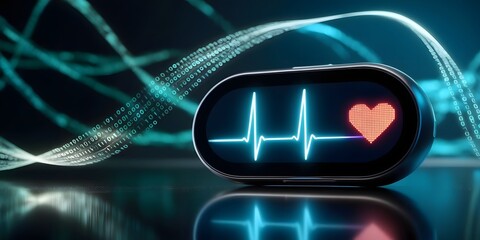 A glowing digital heart rate monitor displaying a steady heartbeat, with pulsating light effects, set against a dark holographic background filled with flowing binary code3