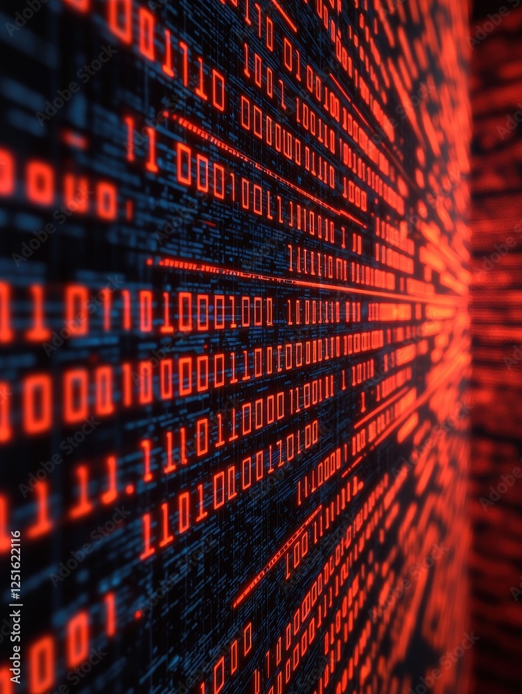 Poster a visually striking image of binary code in red and black, symbolizing digital data and technology.