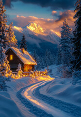 Fototapeta premium In the evening, there is heavy snow in winter and an old log cabin with lights on inside