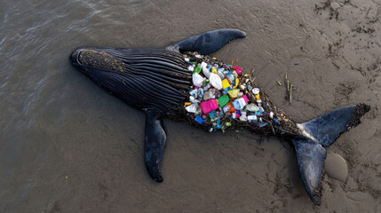 dead whale washed up on shore, its stomach full of plastic waste, highlighting pollution