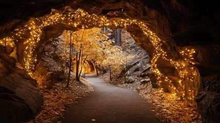 A mystical cave passage adorned with trees and soft golden lights, inviting visitors into a tranquil, nature-filled escape.