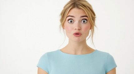 Obraz premium A surprised young woman gazes at the camera, showcasing wide eyes and a shocked expression, dressed in a light blue top against a neutral background.