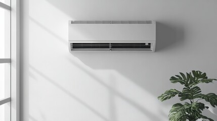 Air conditioner mounted on a white wall in the living room, complemented by a vibrant plant for a refreshing ambiance.