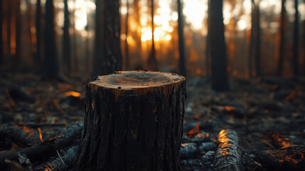 Obraz premium tree stump in deforested area with warm sunset glow