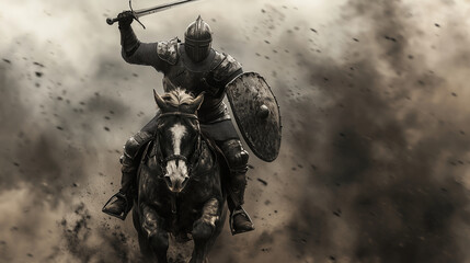 Fototapeta premium A Knight in Armor Galloping into Battle – Epic Horseback Charge with Sword Raised, Perfect for Fantasy, Medieval, and Adventure Themes