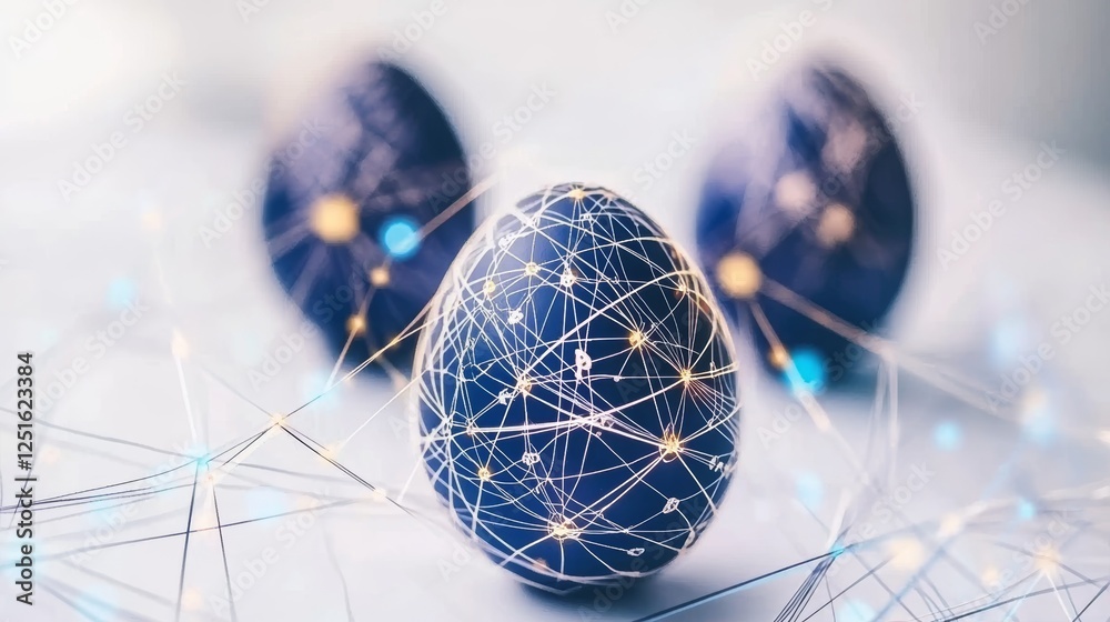 Poster connected spheres with lines and dots in a network design pattern on a blurred background.