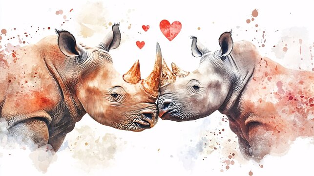 Watercolor Concept of Romantic Rhino Couple for Valentine's Day