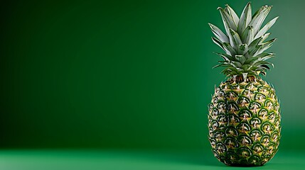 Fresh ripe pineapple with golden yellow skin and green crown leaves on dark green background with copy space for text, food photography.