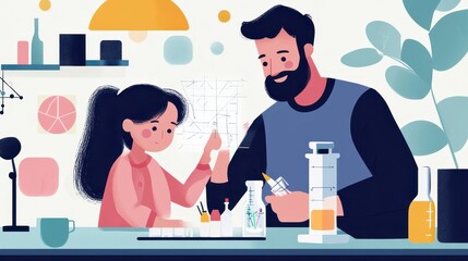 Fototapeta premium Father and Daughter Working on a Science Project at Home, Highlighting Shared Responsibilities and Empowerment Through Education