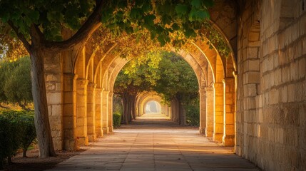 Obraz premium A peaceful tree-lined pathway leading through elegant stone arches, softly illuminated by warm golden light.