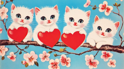 Obraz premium Vintage Valentine-themed kitten illustration in 1950s-1970s greeting card style, perfect for classic cat ephemera lovers