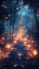 Enchanted Woodland Pathway Illuminated by Glowing Lanterns and Fireflies Under a Starry Night Sky with Mist and Trees