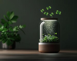 A smart home device projecting glowing clovers into the air, festive and modern