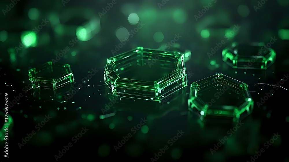 Aufkleber glowing green hexagonal shapes floating in dark space with bokeh effect create futuristic technologi